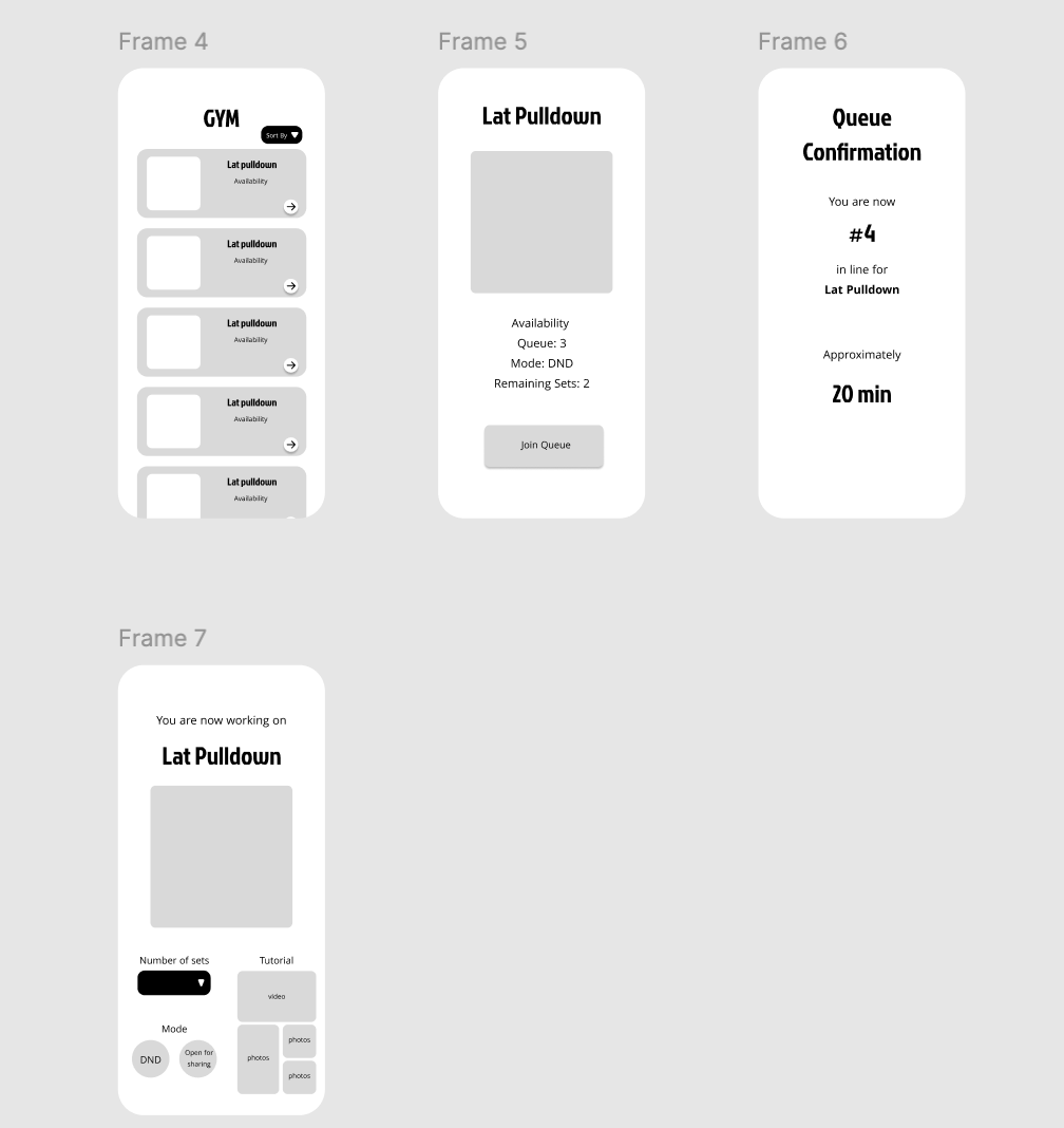 Mid-fidelity screens — GYM list through working out flow