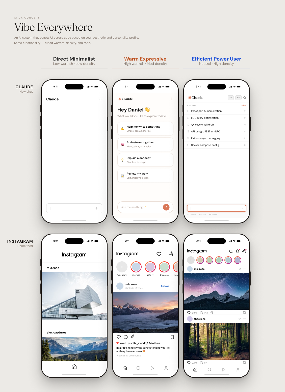 Vibe Everywhere — Direct Minimalist, Warm Expressive, and Efficient Power User across Claude and Instagram